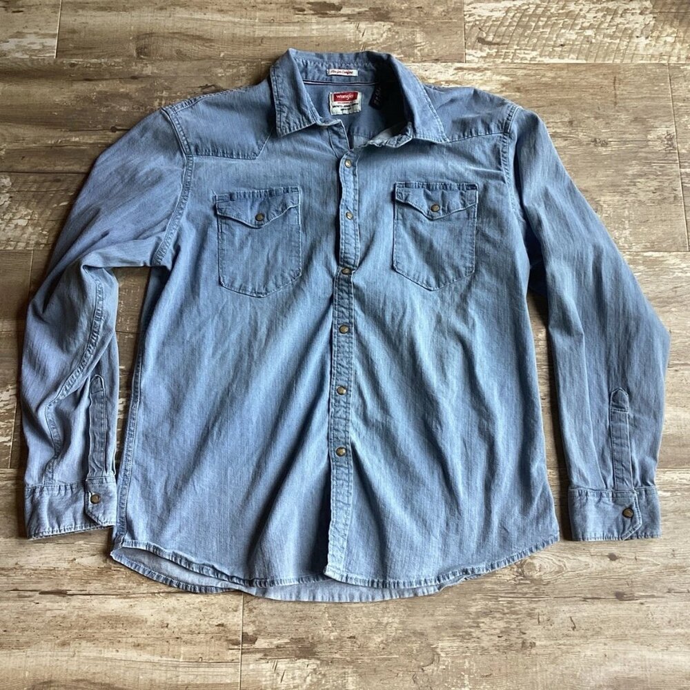 VTG WRANGLER Light Denim Western Cowboy Brown Pearl Snap Shirt Men's XL
